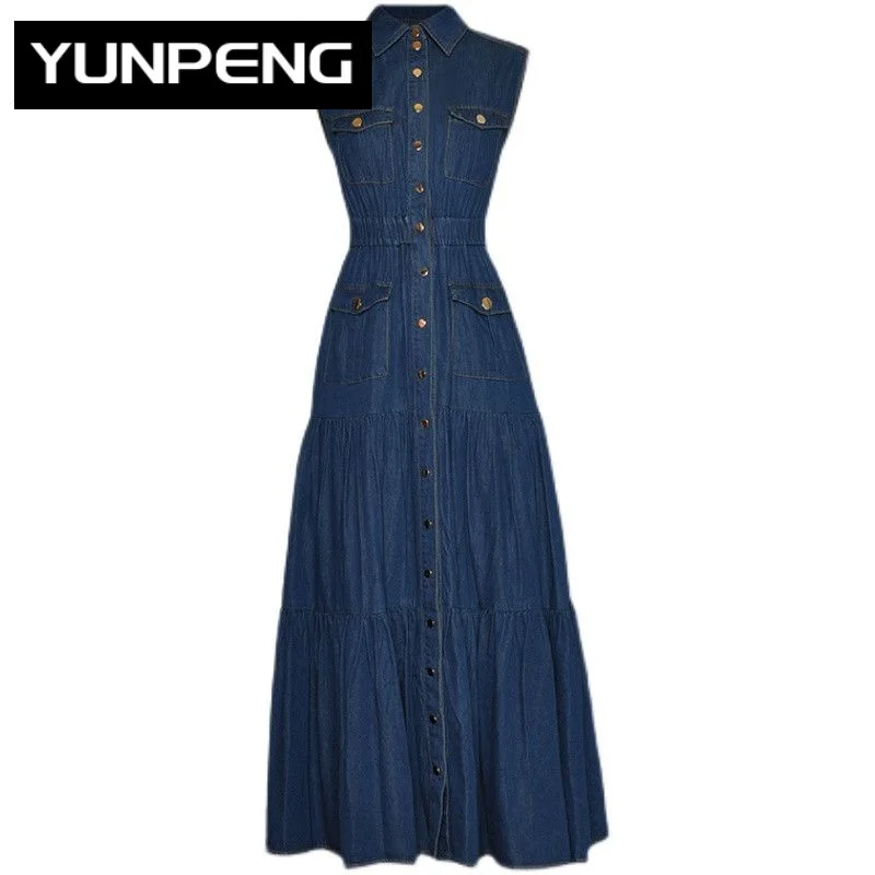 

Dresses For Women 2023 Summer Runway Luxury OL Polo Neck Sleeveless Single Breasted Grace Casual Lake Blue Ankle-Length Dress