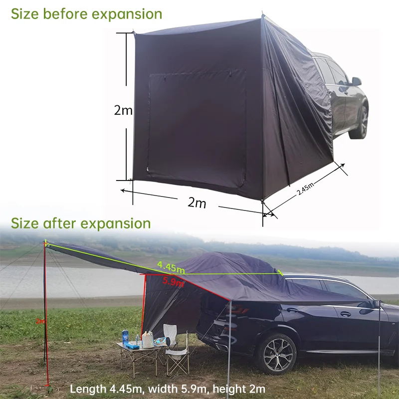 Outdoor Camping Tent with Zipper Car SUV Rear Extension Tent Shade Awing For Camp Self-driving Travel Car Rear Side