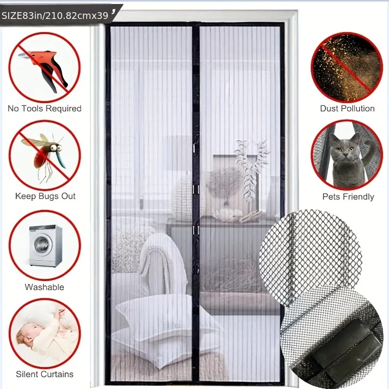 Magnetic mosquito nets for door curtains, insect proof nets with magnets on the door, and automatic closing mosquito nets