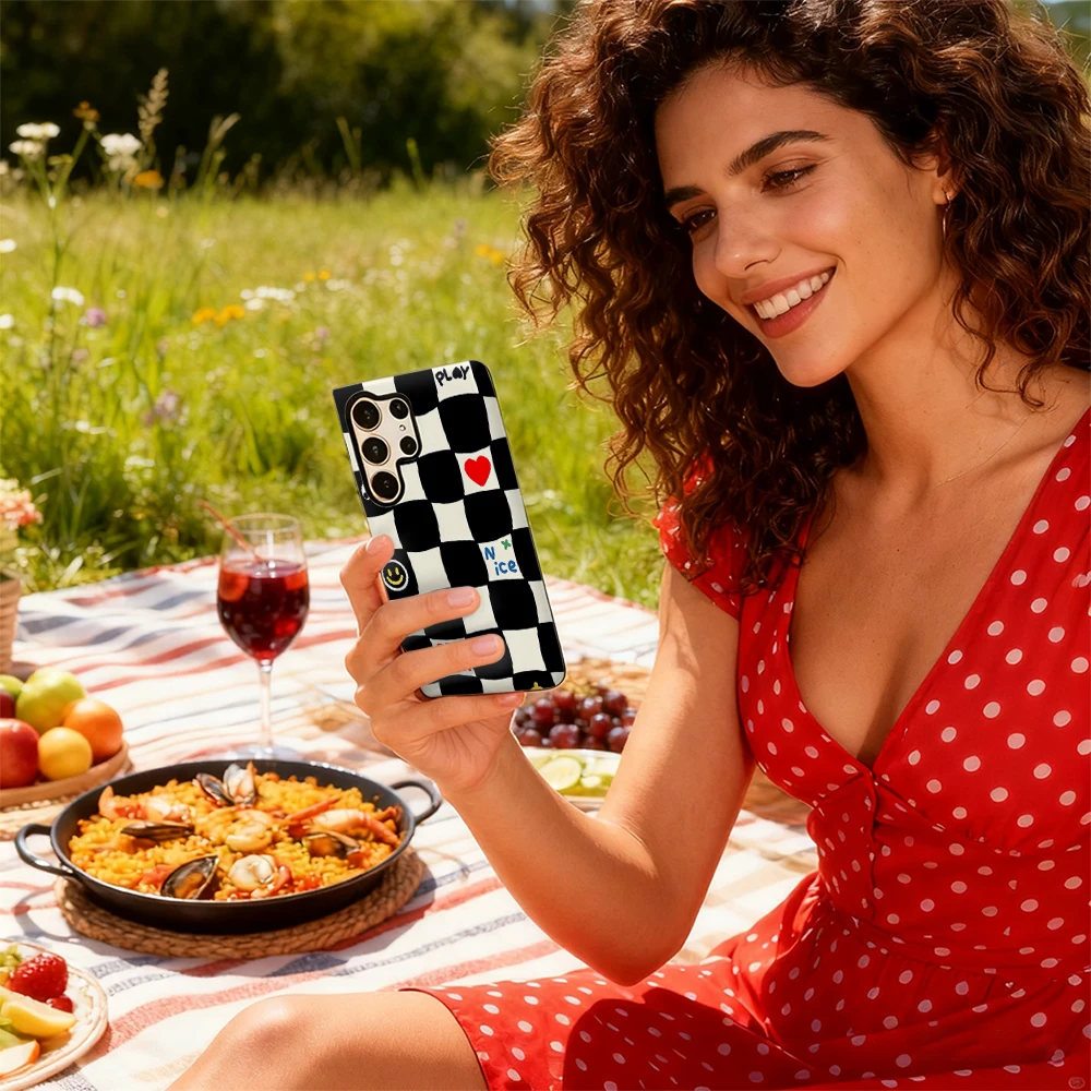 Checkerboard Shockproof Double Layer Phone Case with Cute Text Design