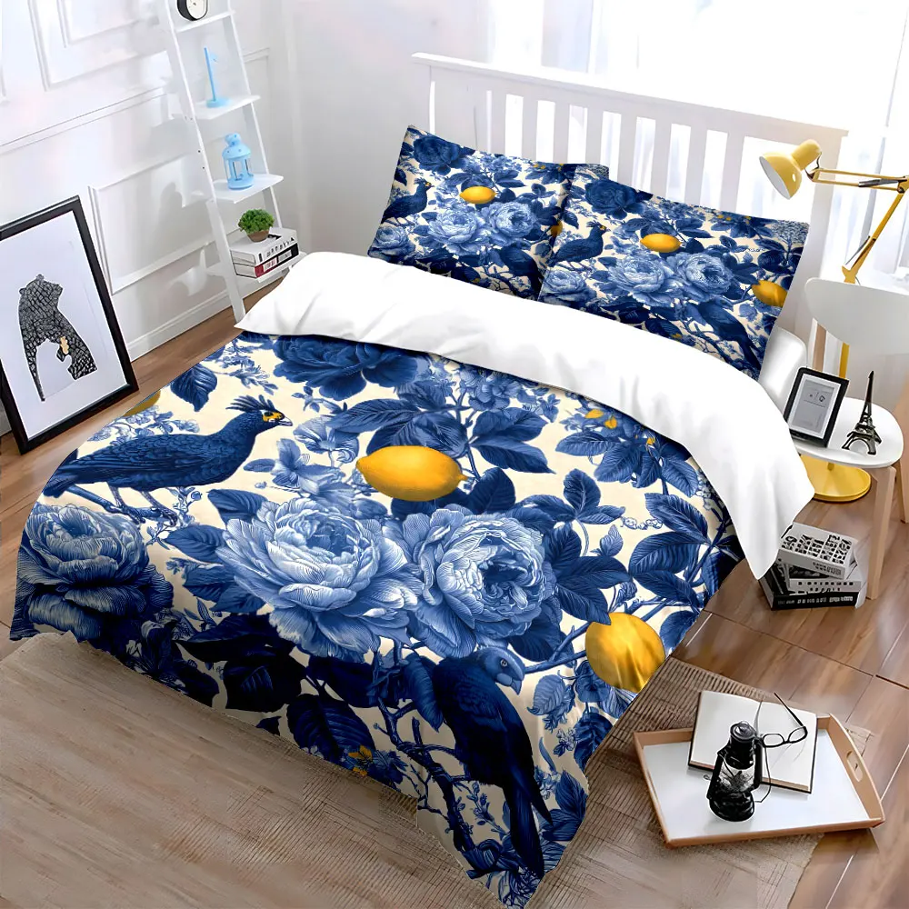 3pcs Blue floral with lemon birds Duvet Cover Set with 3D Printing Design Soft Polyester Bedding Set All-Season Comfort 4