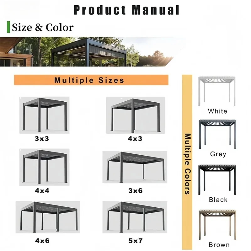 Pergola Gazebo in Alluminio Impermeabile di Alta Qualità con Lamelle Orientabili, Struttura Parasole Resistente Progettata per Applicazioni Familiari e Commerciali - immagine 5