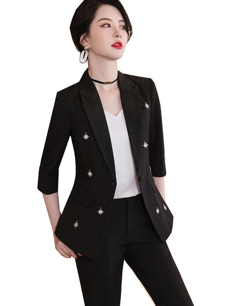 

Women Office Ladies Summer Work Wear Formal Blazer Pant Suit White Black 2 Piece Set Female Half Sleeve Jacket And Trouser
