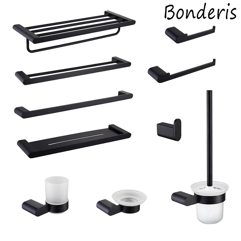

Black Bathroom Accessories Sets Wall Mount Towel Rack Shelf Bar Ring Stainless Steel Toilet Paper Brush Holder Clothes Robe Hook