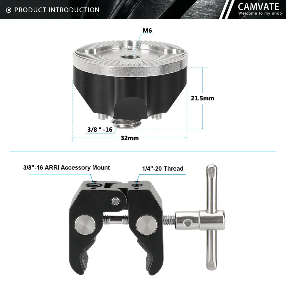 Super Crab Clamp With ARRI Rosette Mount M6 Female Thread & 1/4"-20 Threaded Hol