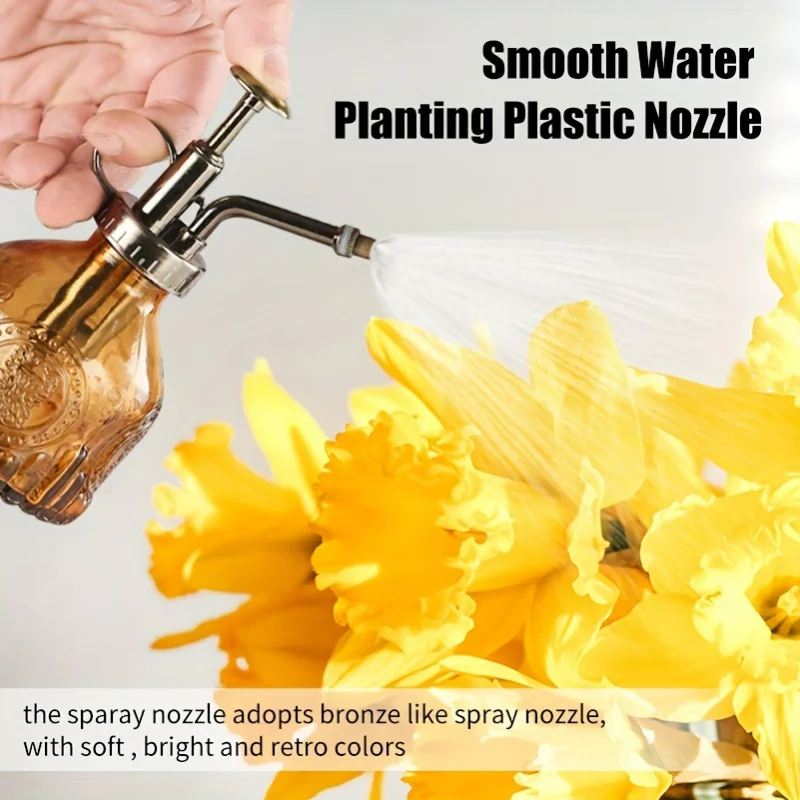 1pc Glass Watering Spray Bottle, Vintage Bronze Plastic Top Pump Watering Can Glass Spary Bottle Plant Mister, For House Plants, 2