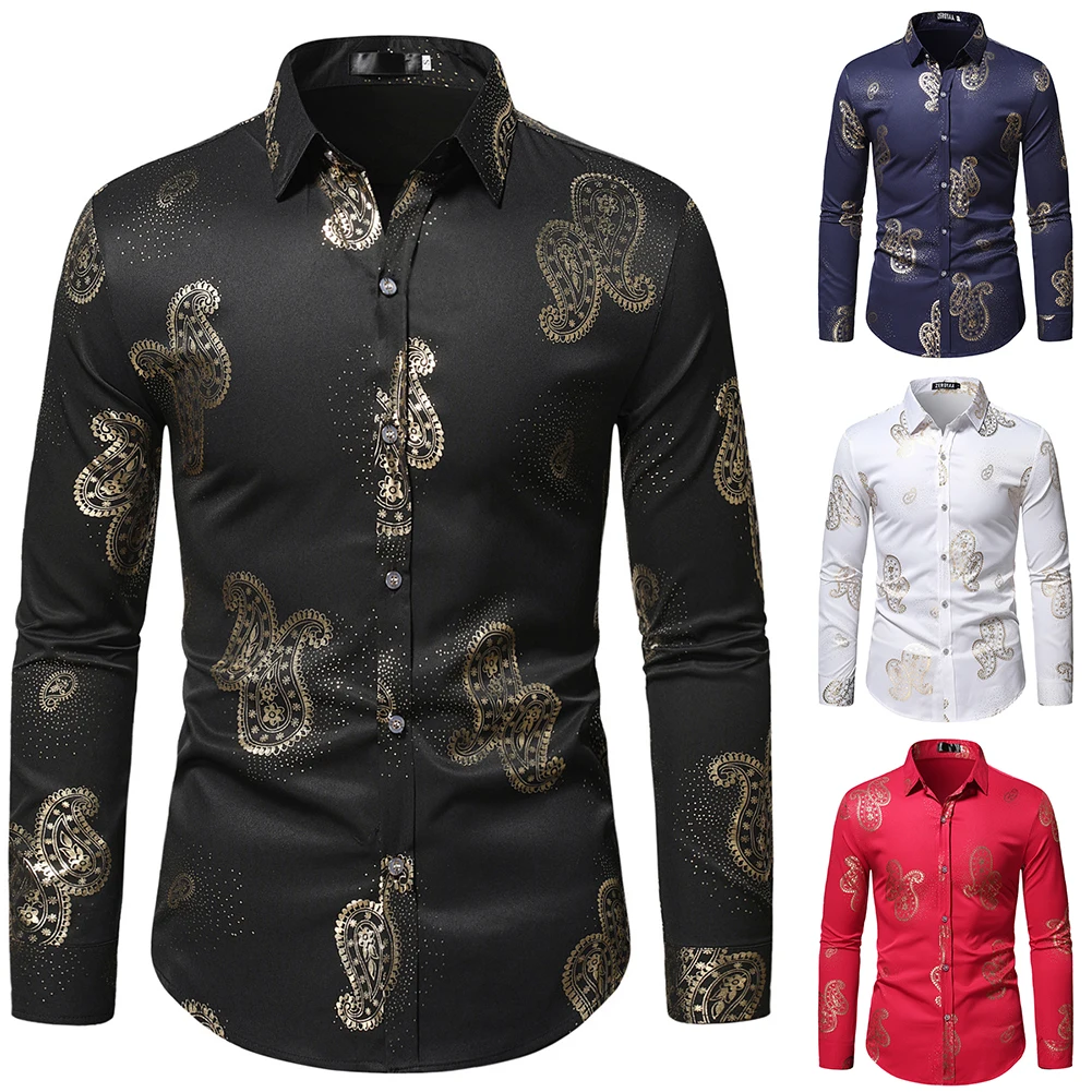 

Luxury Golden Floral Bronzing Shirt Men Slim Fit Long Sleeve Dress Shirts Mens Wedding Party Social Shirt Male Chemise Homme