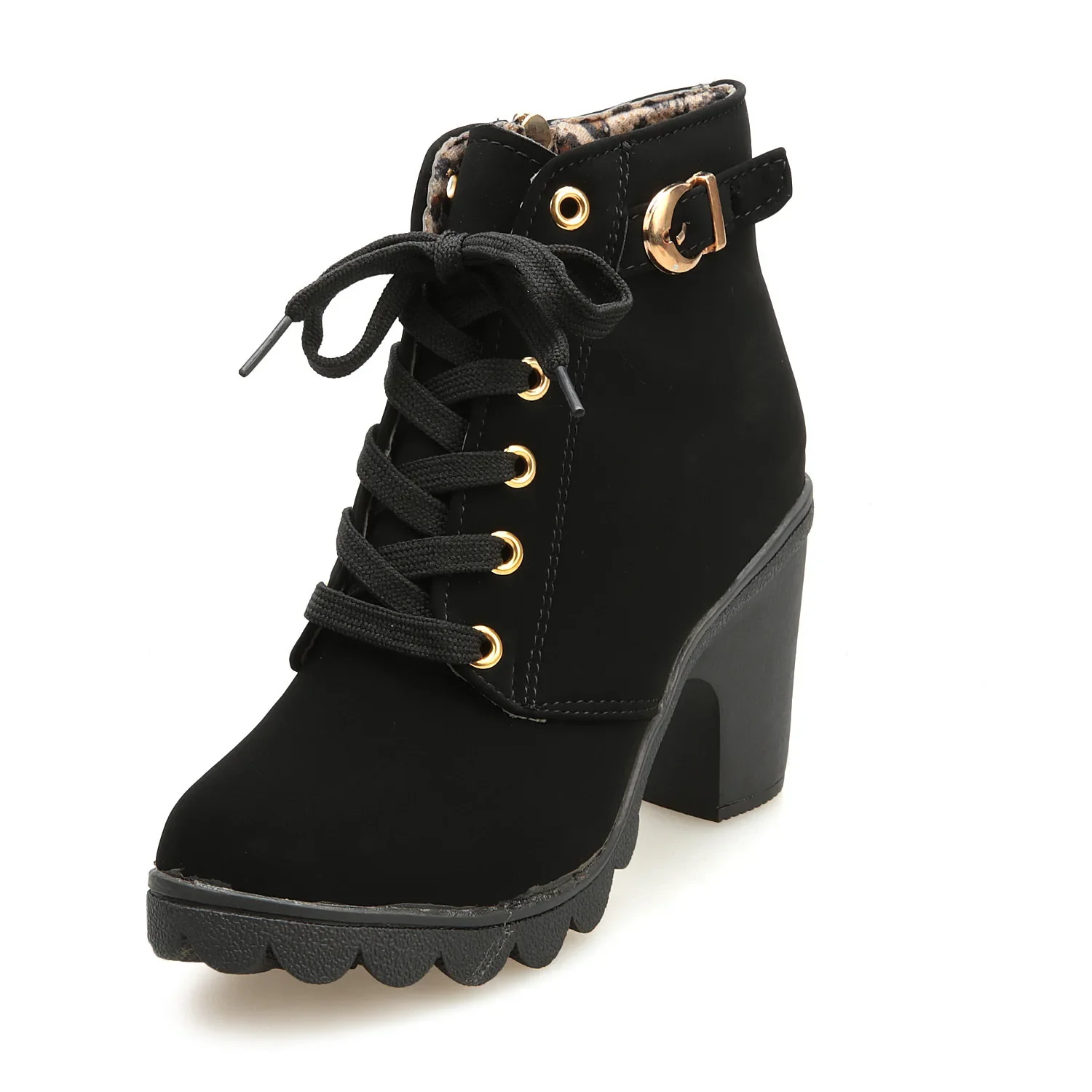 Platform Ankle Boots Women High Heel Lace Up Buckle Artificial Leather