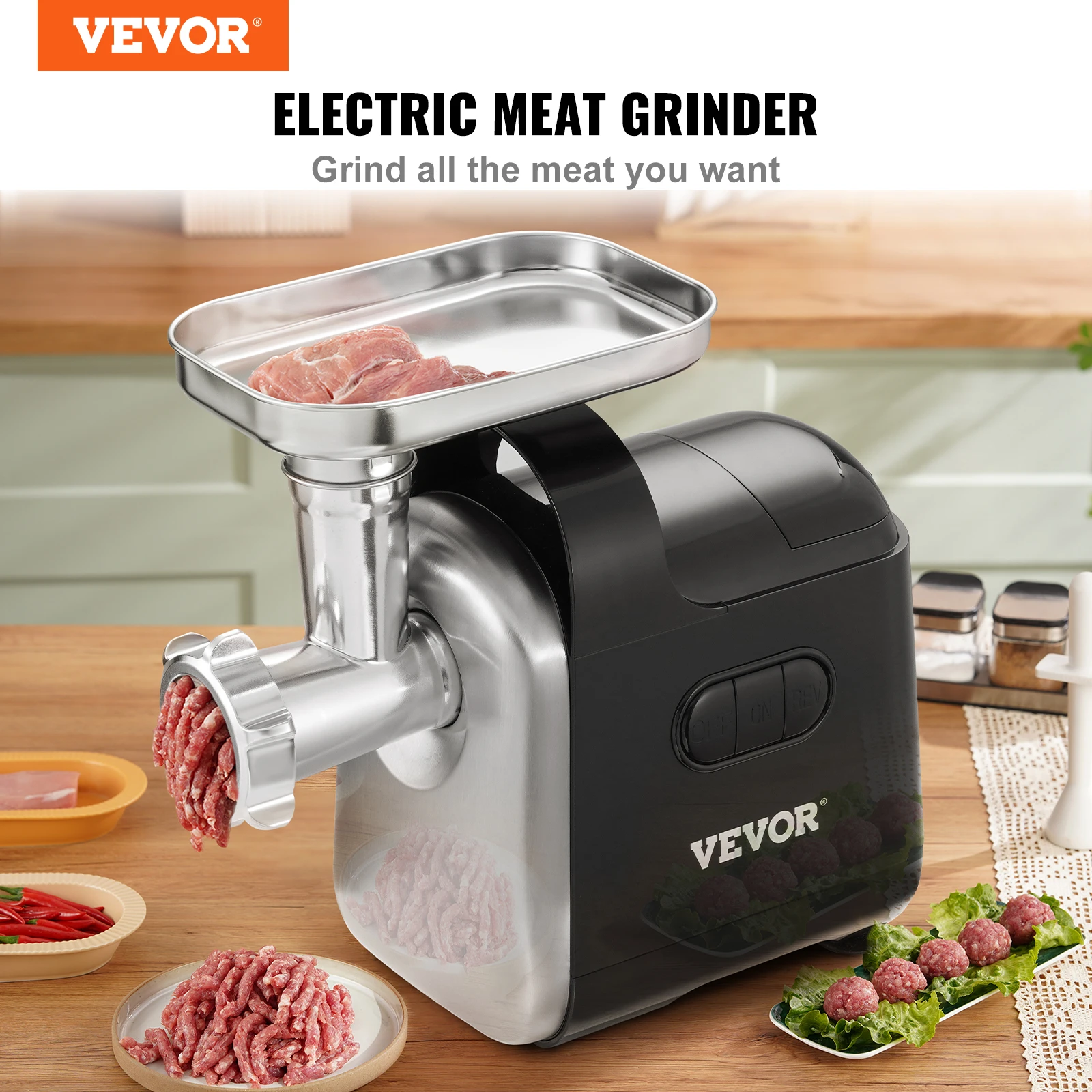 VEVOR 550W（2200W MAX) Electric Meat Grinder with 2 Blade, 3 Grinding Plates, Sausage Maker & Kubbe Kit ABS + Stainless Steel 2