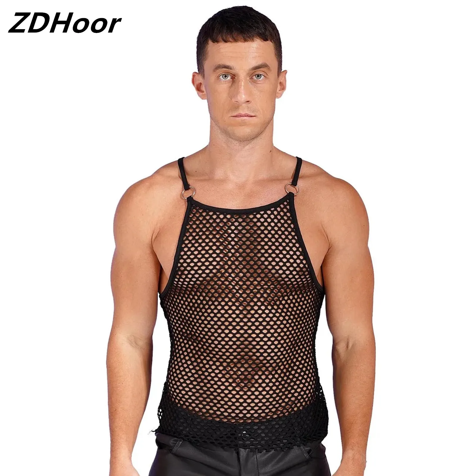 

Men Hollow Out Sheer Fishnet Tank Top Fashion O Neck Spaghetti Straps Vest See-Through Sleeveless Muscle Shirt