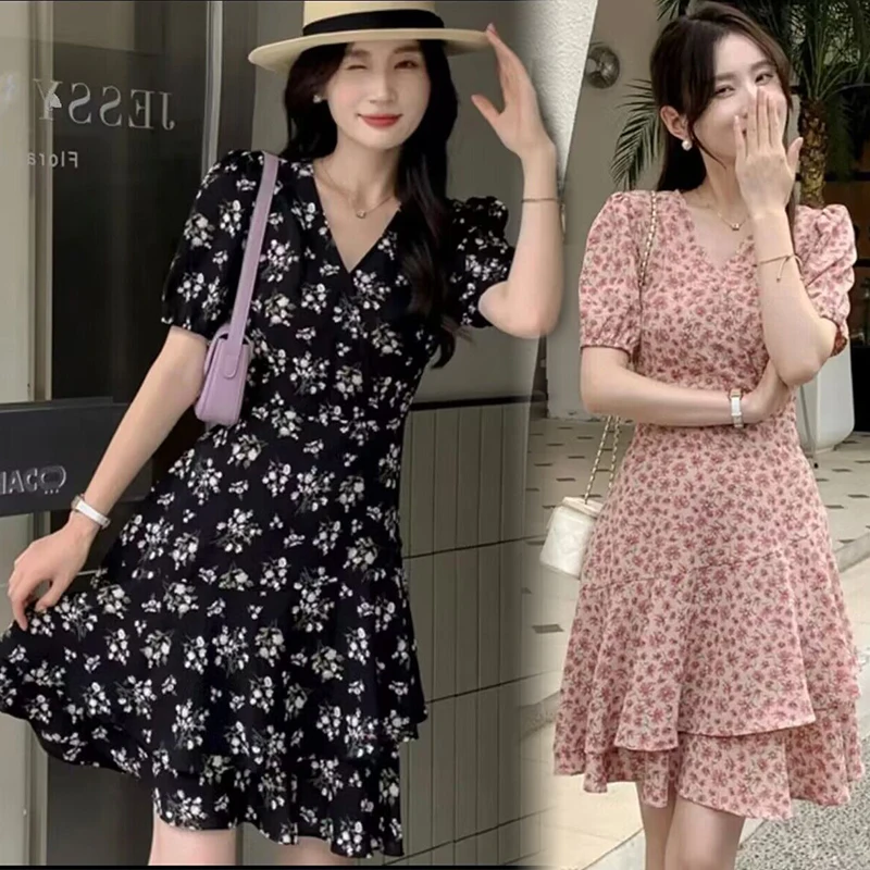 

2024 Summer Postpartum Women's Nursing Dress Short Puff Sleeve V-Neck Breastfeeding Clothes Floral Chiffon Lactation Mini Dress