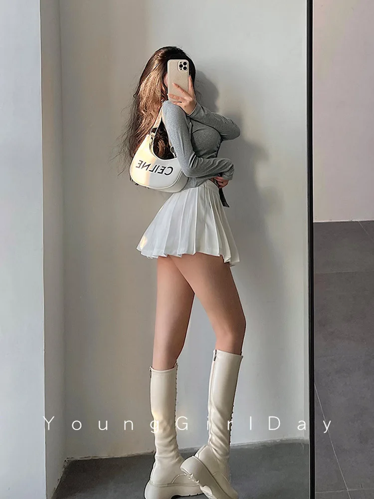 Pleated Skirt with Shorts Women Sexy High Waist White Black A-line Korean Gyaru Mini Tennis Skirt School Girl Summer 3