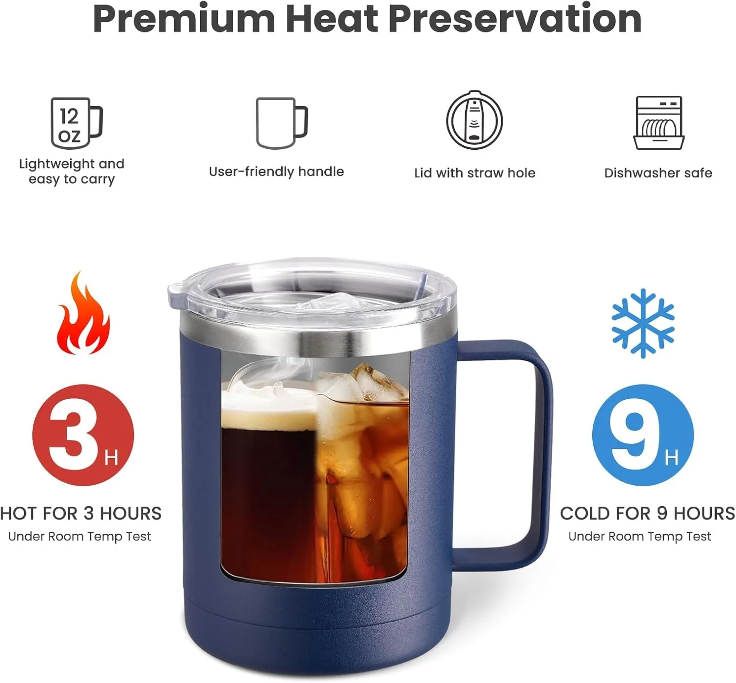 12oz Coffee Mug with Handle Sliding Lid Stainless Steel Travel Tumbler Cup Double Insulated Camping Cup for Hot & Cold Drink Tea