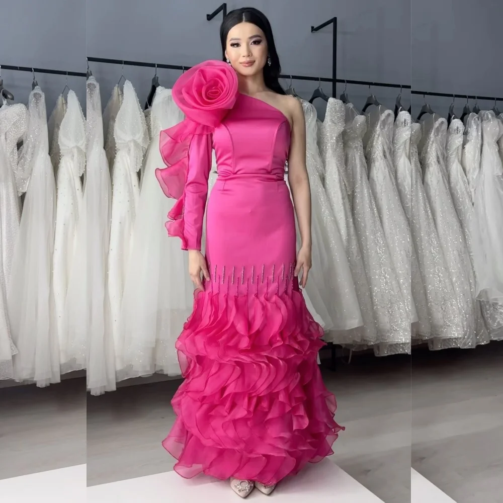 

Organza Pleat Ruched Flower Engagement A-line One-shoulder Bespoke Occasion Gown Long Dresses