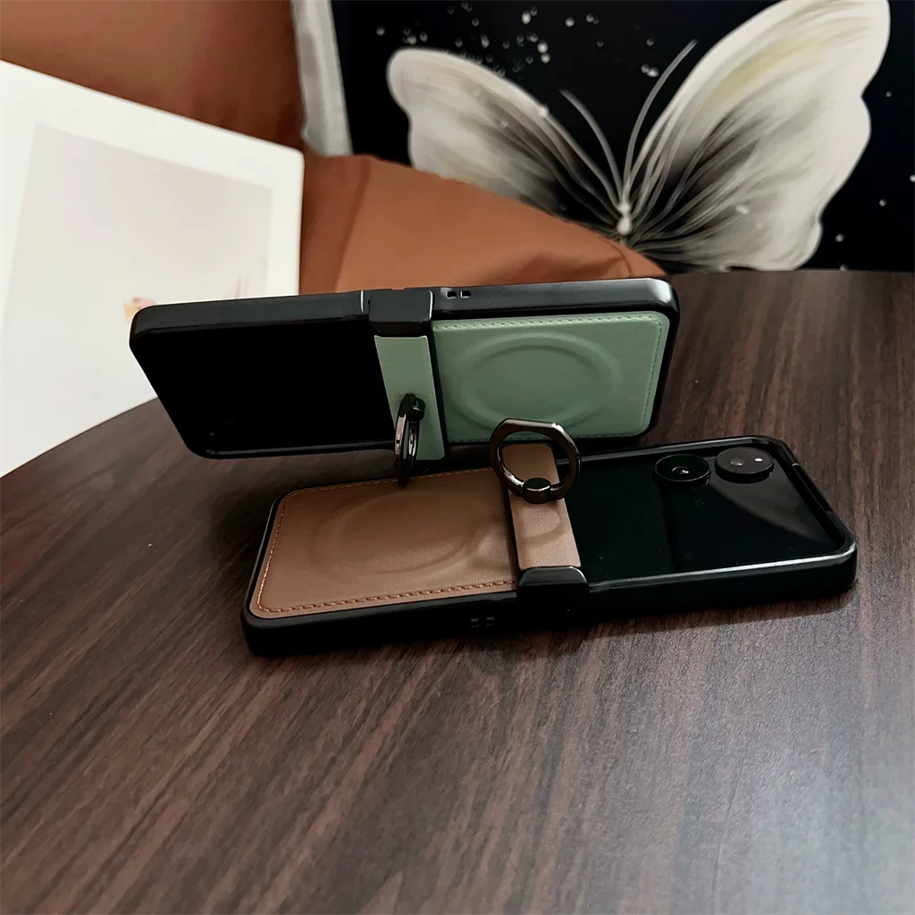 Magnetic Ring Holder PU Leather Stand Shockproof Phone Case with Hinge Protection