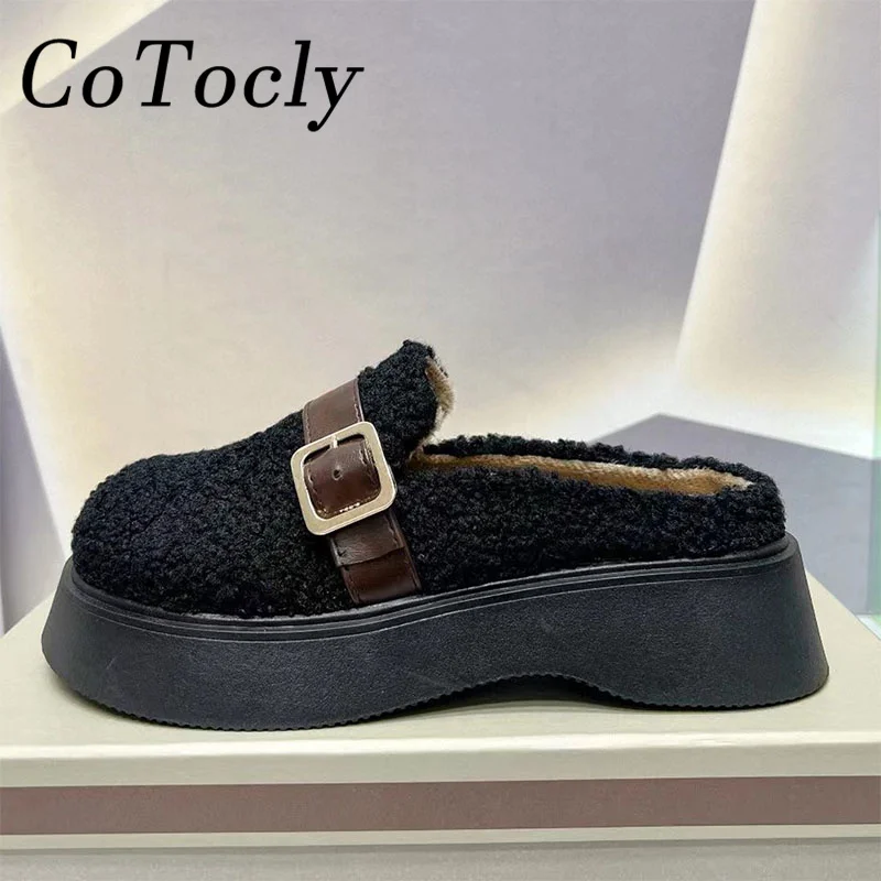 

Thick Sole Slippers Woman Fashion Lambswool Metal Buckle Round Toe Slides Woman Casual Comfort Flat Platform Shoes Women