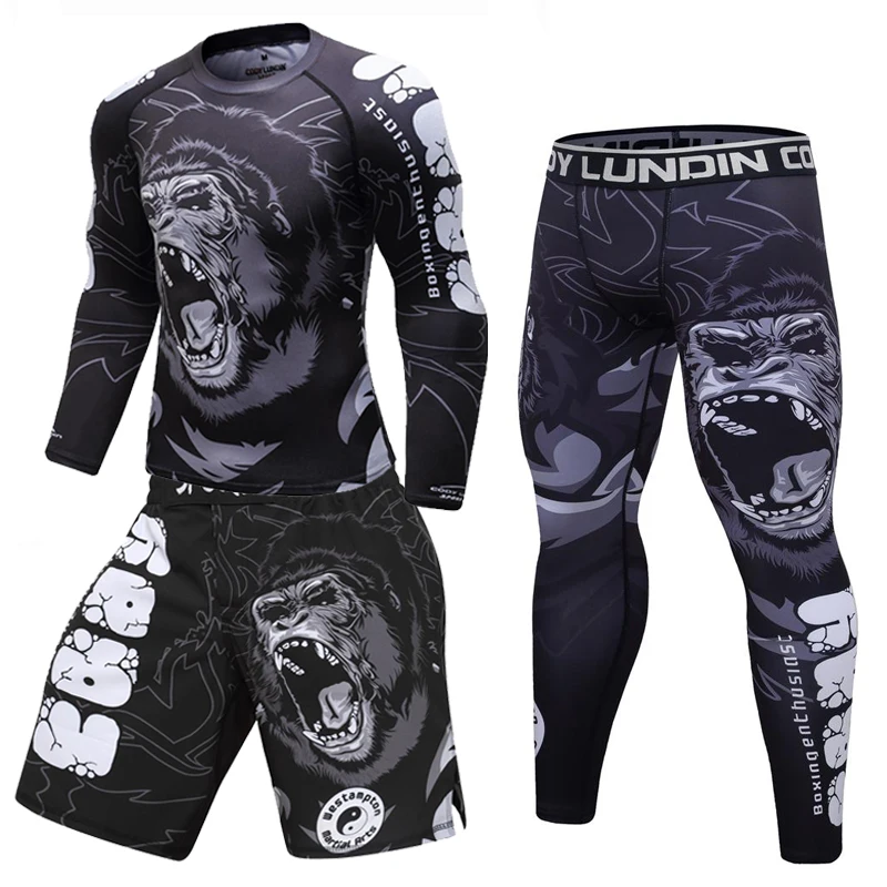 Men Boxing Set Compression Jersey Pants 3D Orangutan Print Rashguard Kickboxing Tight T-shirts Pants Muay Thai MMA Fightwear