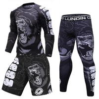 New Men Boxing Set Compression Jersey Pants 3D Orangutan Print Rashguard Kickboxing Tight T-shirts Pants Muay Thai MMA Fightwear 2