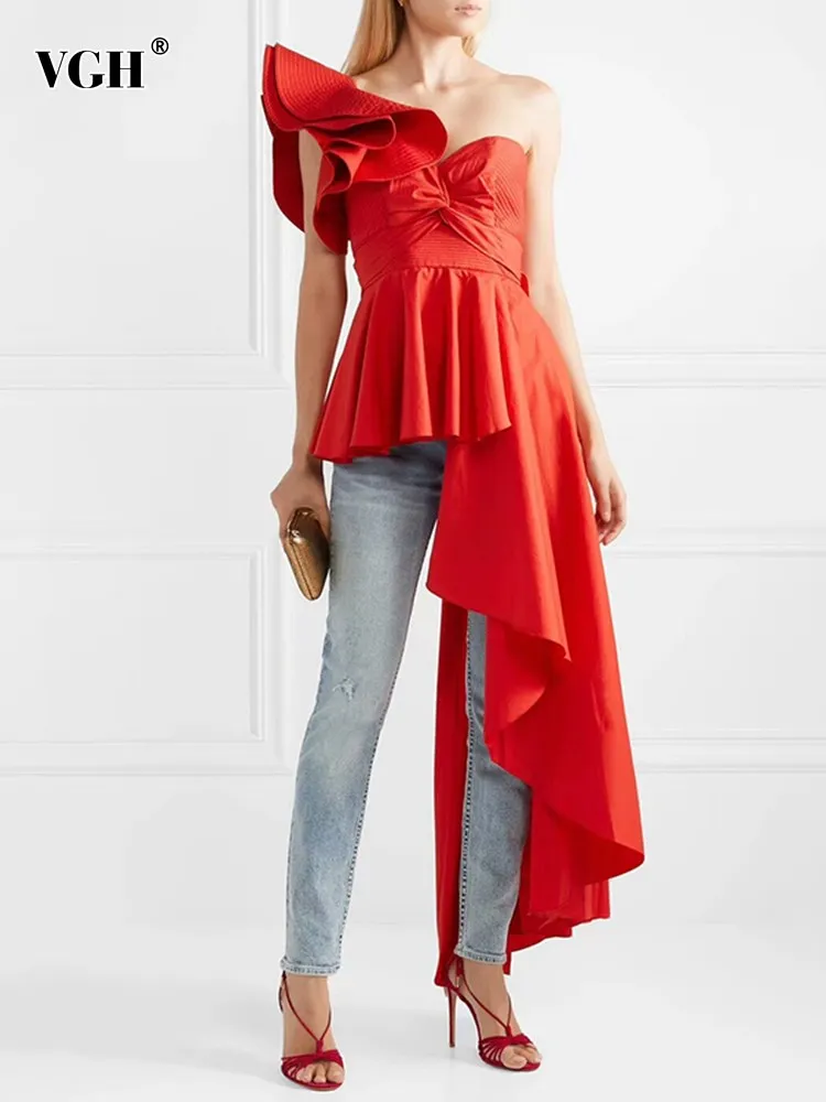 

Женская Асимметричная рубашка VGH, элегантная ажурная рубашка с диагональным воротником, оборками и рукавом-бабочкой, с высокой талией и рюшами, Новинка