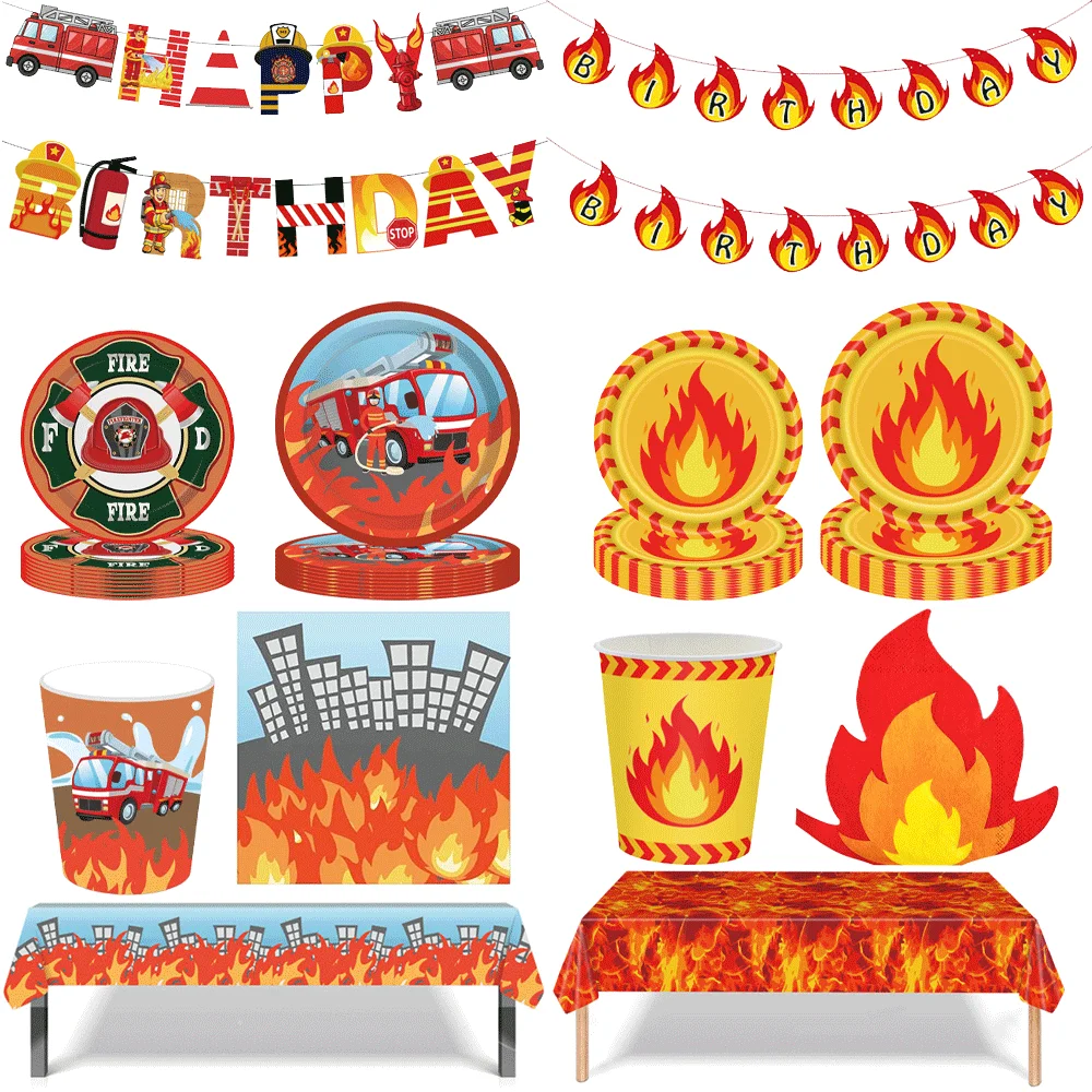 Feuerwehrauto, Feuerwehrmann, Jungen-Geburtstagsparty-Zubehör, Teller, Tassen, Servietten, Tischdecke, Ballon, Kinder, Feuerwehrmann, Geburtstagsparty-Dekoration
