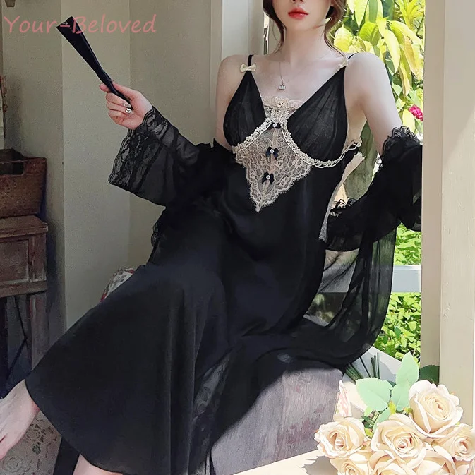 

Sexy Lace Floral Chemise Sleepwear Long Nightdress Princess Loungewear Summer Robe Suit Mesh Bathrobe Women Ice Slik Homewear