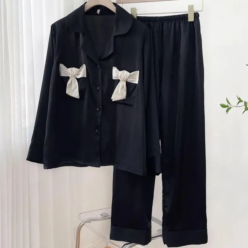 

Рубашка и брюки женские атласные, пижамный комплект с отложным воротником, одежда для сна с длинным рукавом, Шелковый комплект для сна, домашняя одежда с эластичным поясом