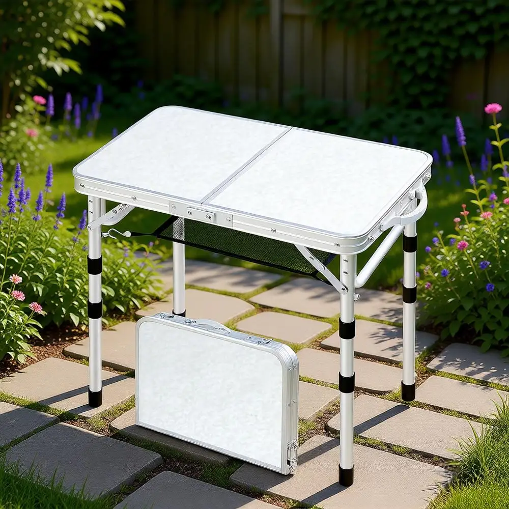 Portable Folding Camping Table with Adjustable Height, Mesh Layer, Compact for Outdoors, Picnic, BBQ