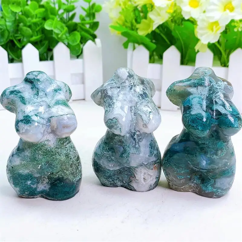 

7.5CM Natural Moss Agate Lady Body Carving Fashion Healing Energy Gemstone Polishing Crafts Home Decoration Gift 1pcs
