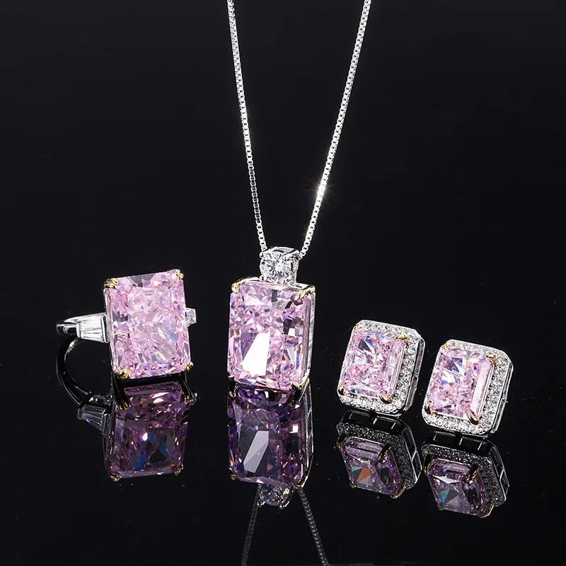

S925 Sterling Silver Pink Diamond Square Pendant Necklace Ring Earrings Set Boho Jewelry Gifts Women Luxury Fashion Goblincore