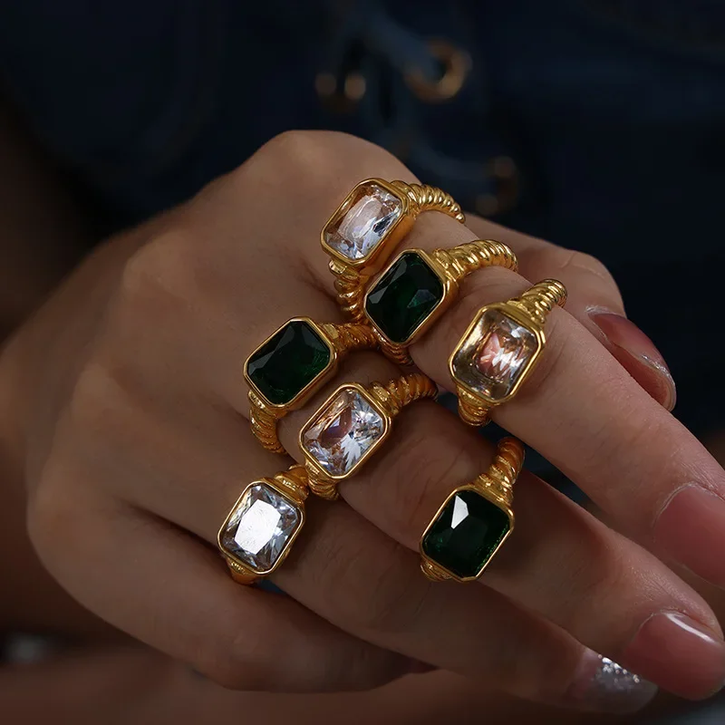 Hiphop Square Multicolour Zircon Chunky Finger Ring 18K Gold Plated Pink Crystal Thick Texture Wedding Rings Jewelry Accessories