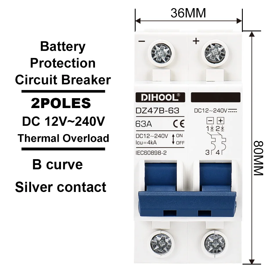 DIHOOL Battery DC Circuit Breaker 12V 24V 48V 72V 96V 6A10A 16A 20A 32A 40A 50A 63A B Curve Overload Short Circuit Protector