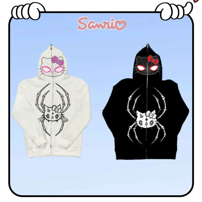 

Y2K Style Sanrio Autumn New Hellokitty Spider Pattern Casual Long Sleeve Hooded Sweatshirt Loose Fit Kawaii Jacket Girl Gift