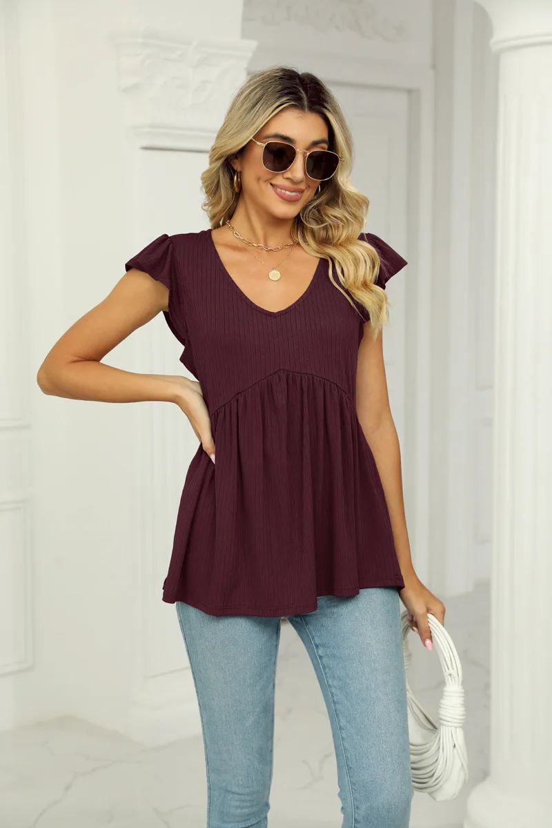 Summer Cute Babydoll Bloues Flare Tunic Loose Peplum Pleated V Neck Short Sleeve Plain Woman Tshirts Knit Rib T Shirt Tees Top