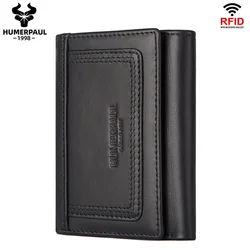 HUMERPAUL Premium Genuine Leather Slim Trifold Wallet with Zippered Coin Pocket and RFID Protection (Black)