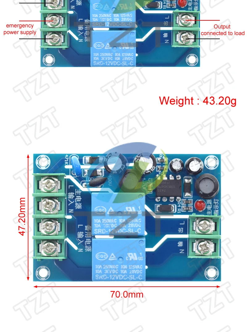 220 V 10 A 2-Kanal-Automatik-Netzschaltermodul mit zwei Eingängen, Power-Off-Umschalter, Transferplatine, Notstromversorgung – Detail 2