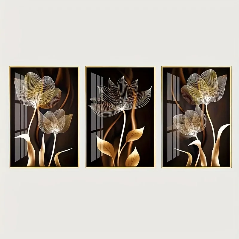 3pcs, Black and Golden Flower Wall Art Canvas Painting for Living Room Decor - Modern Abstract Design, No Frame Required 5