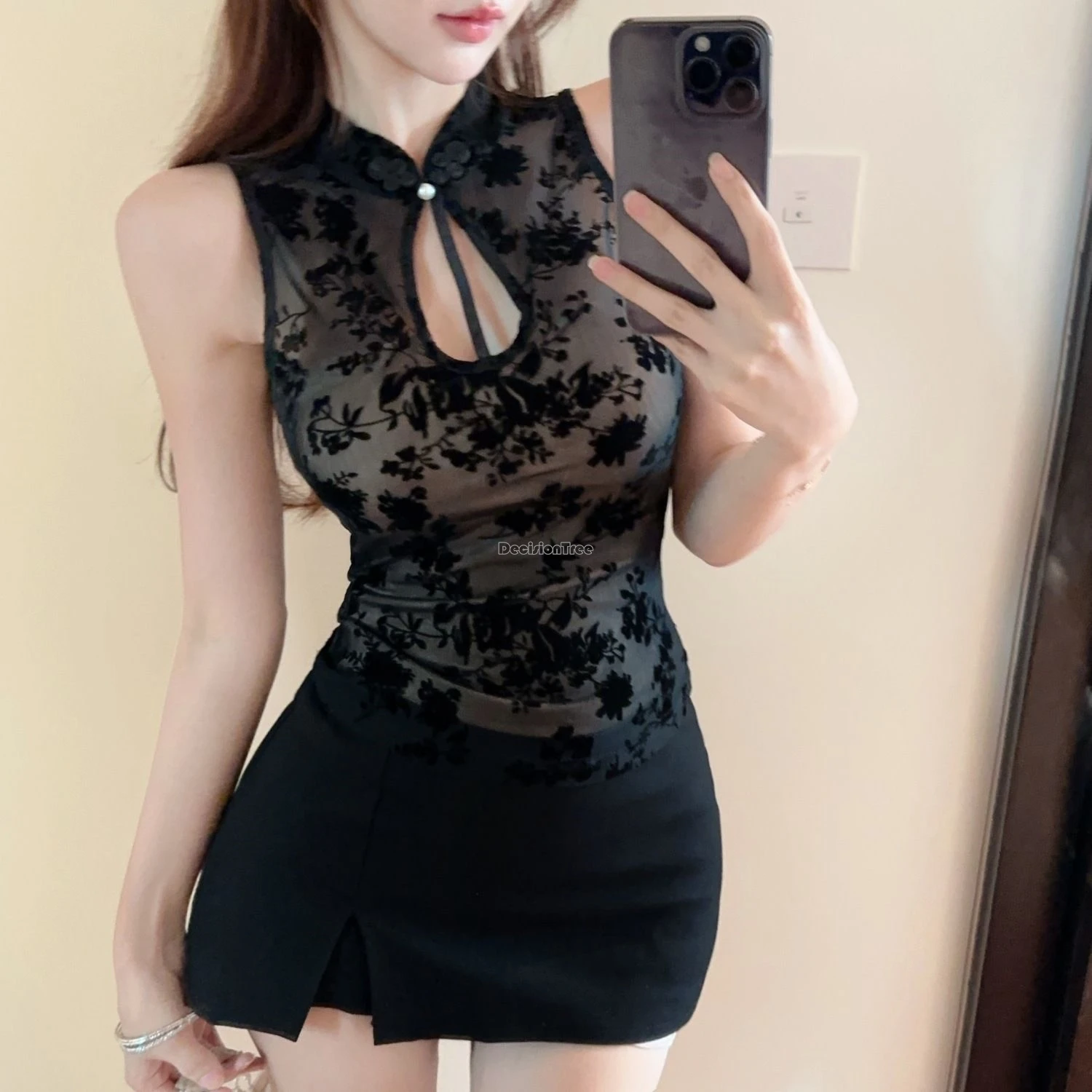 summer national style black jacquard hollow improved cheongsam vest women chinese retro sleeveless top w864