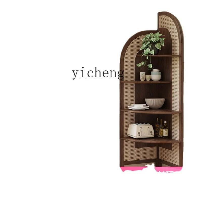 

Zf Solid Wood Corner Rattan Storage Rack Small Apartment Living Room Home Corner Corner Cabinet