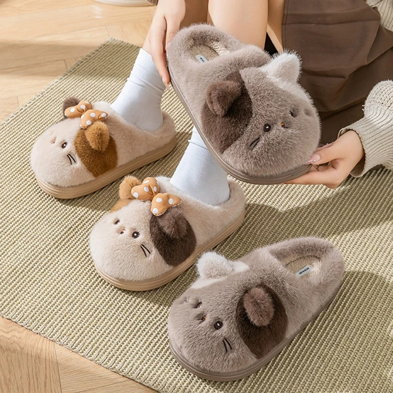 Cartoon Cat Cotton Slippers for Women Cute Pink Fluffy Indoor Women's Home Slippers Winter 2025 Thick Sole Anti Slip Shoes Woman