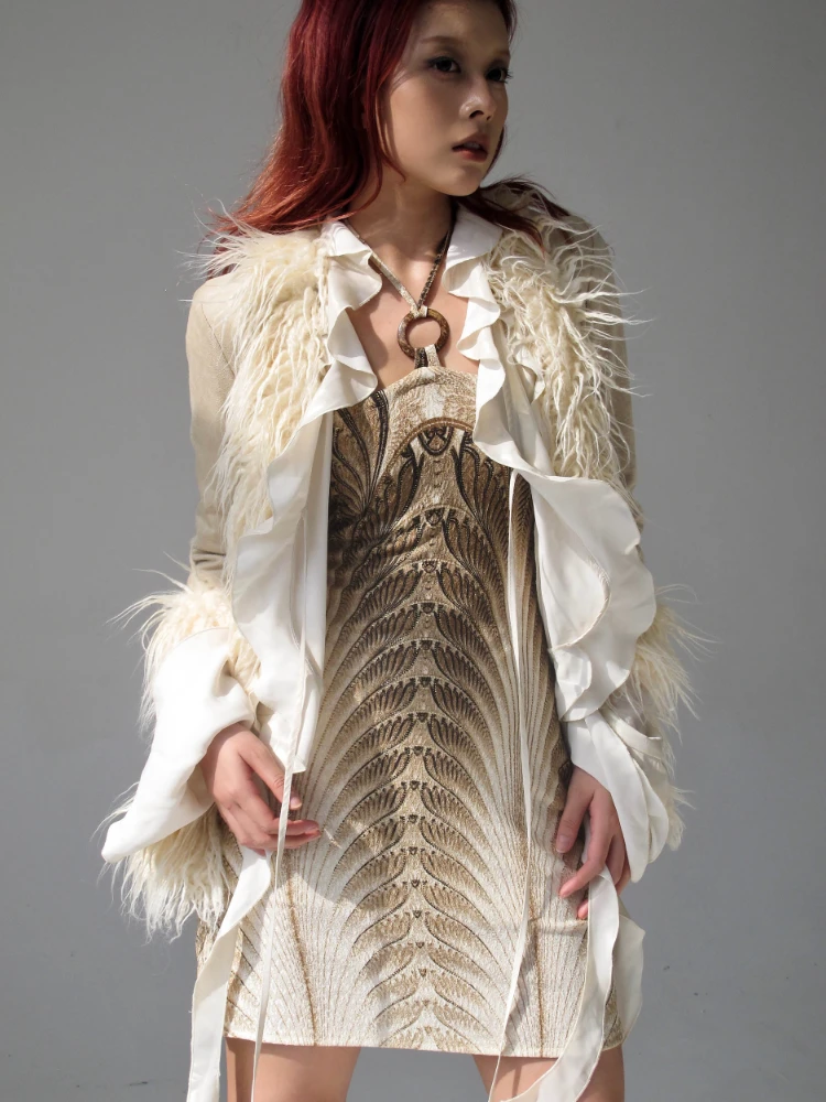 

Dress Women's Polyester Autumn and Winter Retro Symmetrical Printed Beige Tube Top Strap Halter Tight Short Thin Simple Fashion