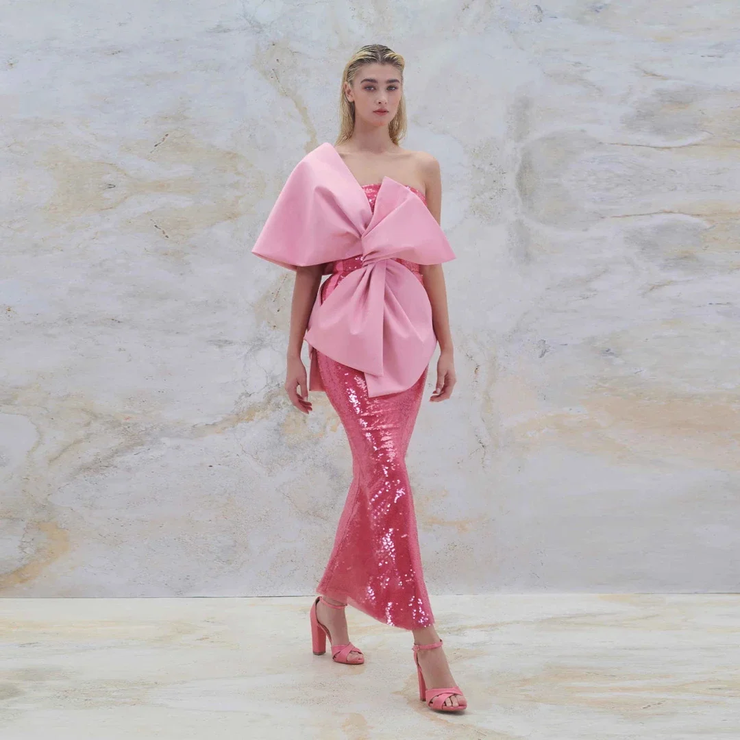 

Pink Sequin Prom Dresses Big Bow Strapless Mermaid Evening Gown Ankle Length Women Gala Birthday Party Dress For Wedding