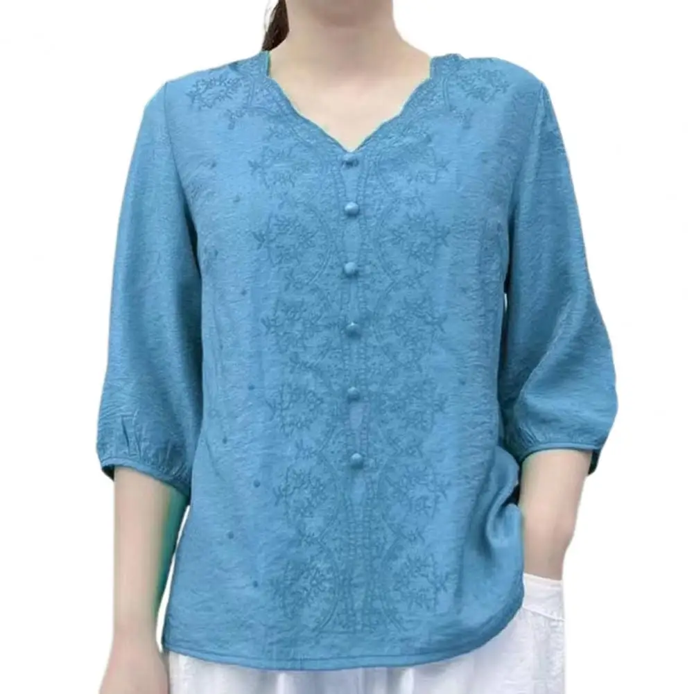 Breathable Summer Blouse Vintage V-neck Shirt with Embroidered Flower Pattern Retro 3/4 Sleeve Pullover Top for Women Streetwear