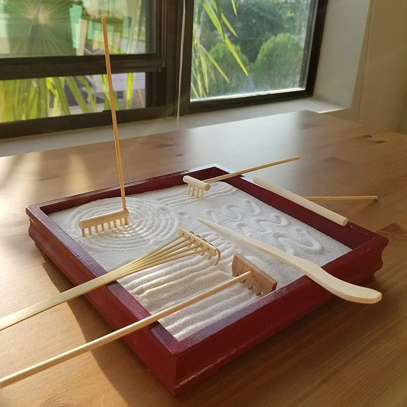 Mini Japanese Zen Garden Rake Bamboo Tool Set, Wooden Sandbox Sand Play Therapy Toy Kit for Spiritual Peace Meditation