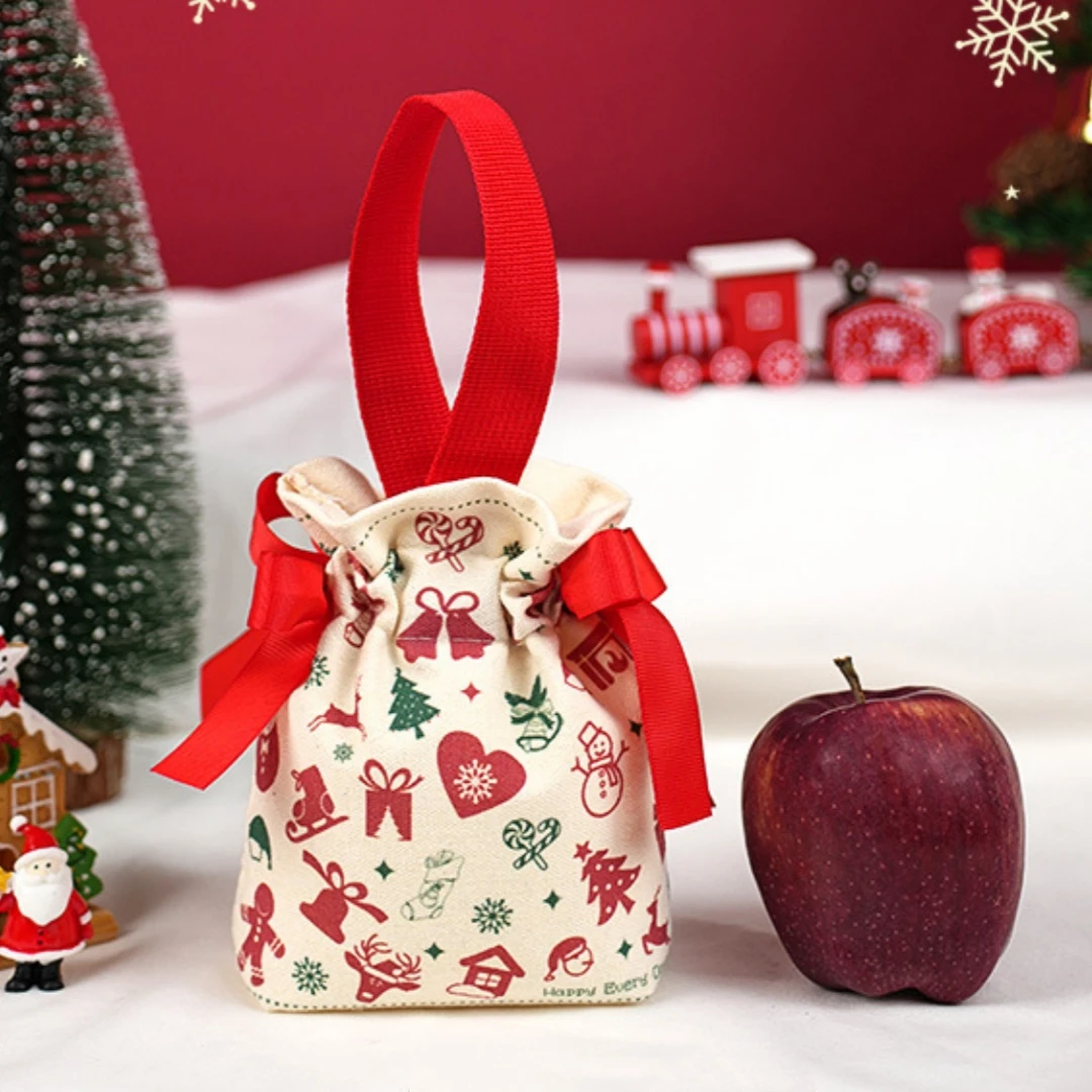 Christmas Canvas Bag Xmas Gift Bag 15x16cm Drawstring Pouch Xmas Candy Bag Jewelry Packaging Bag Christmas Eve Party Apple Bag