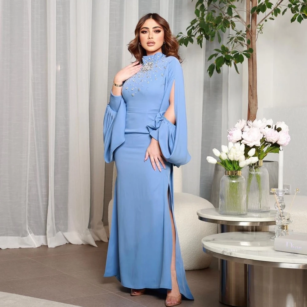 Jiayigong  Satin Beading Pleat Celebrity Sheath High Collar Bespoke Occasion Gown Long Sleeve Dresses