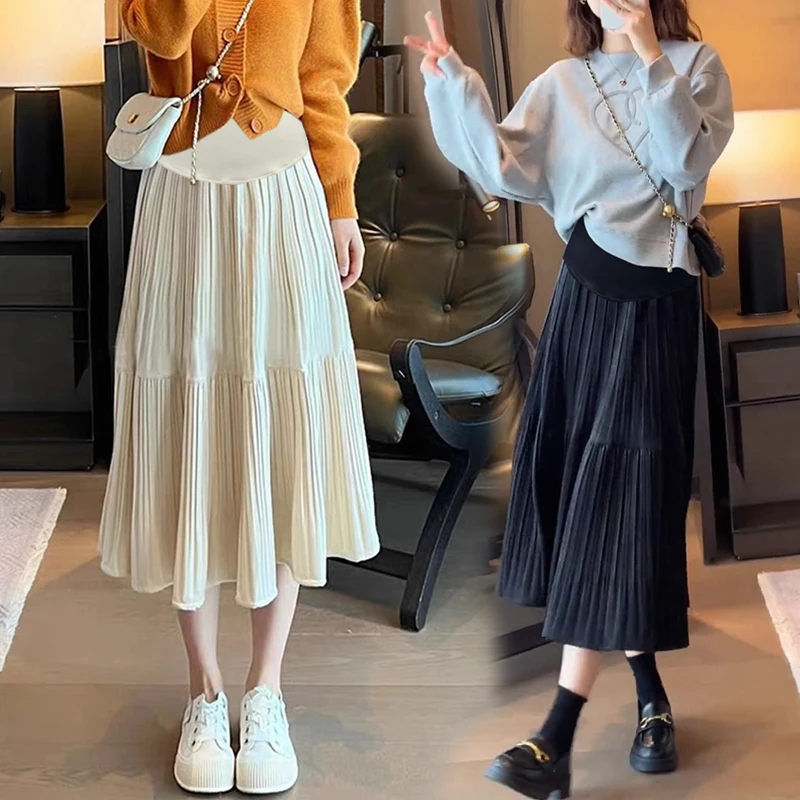 Autumn Winter Pregnant Woman Pleated Skirt Large Hem Fashion Maternity Velour Skirts High Waist Pregnancy Empired Skirts 85cm