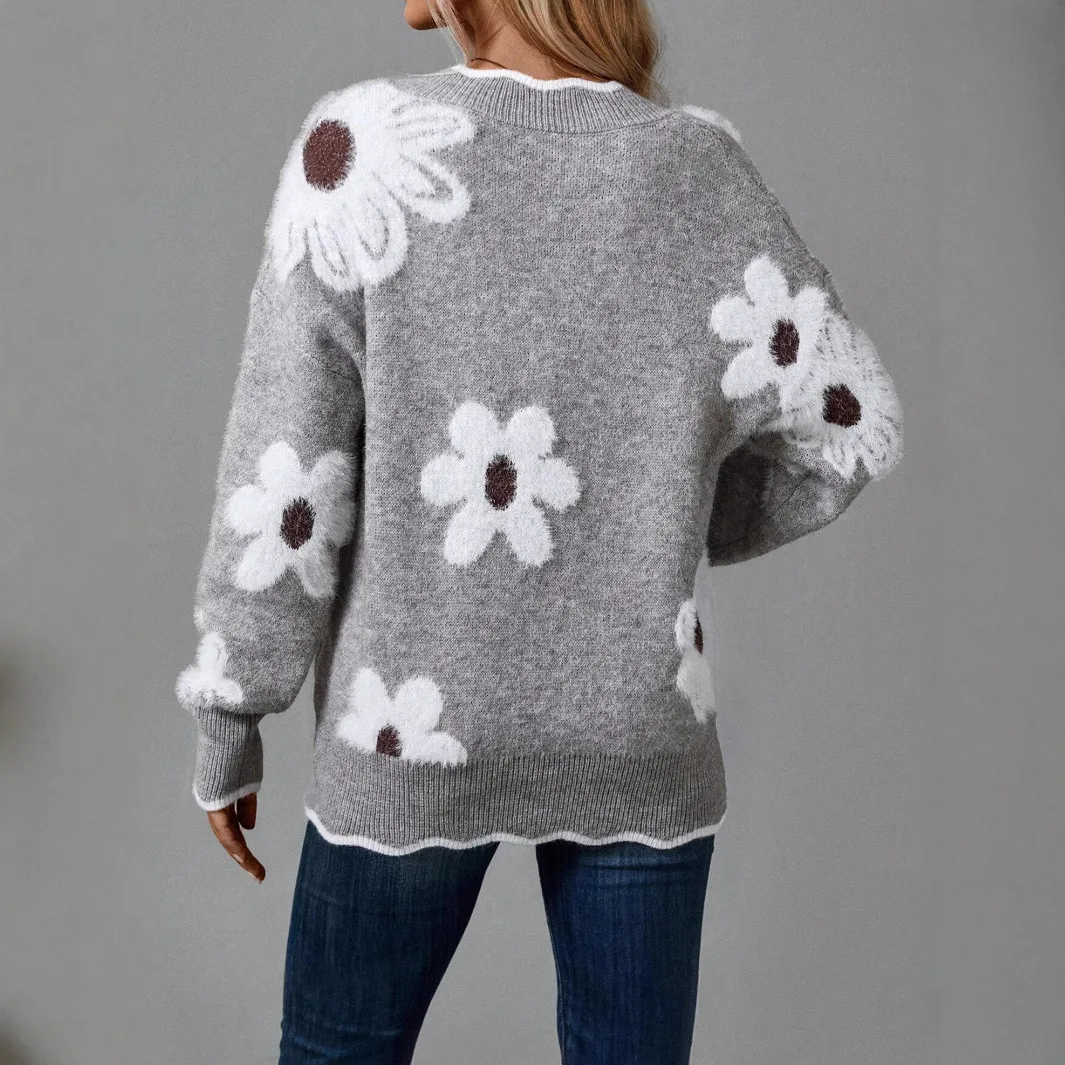Women Floral Print Long Sleeve Knitted Sweater