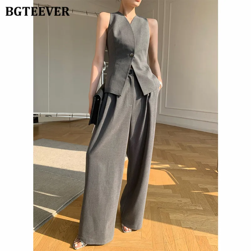 

BGTEEVER Stylish Women 2 Pieces Set Sleeveless Single Button Jackets & Wide Leg Trousers Summer Loose Female Trousers Suits