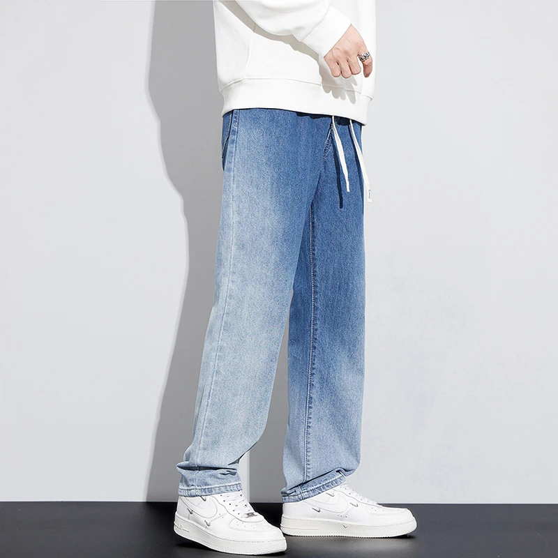 New Autumn&Winter Y2K Jeans Mens Straight Loose Elastic Waist Baggy Denim Pants High Street Wide Leg Trouser Streetwear