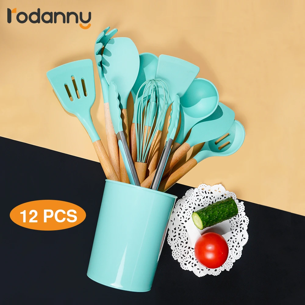 Rodanny 12PC Kitchen Silicone Cooking Utensils Set Non-stick Cookware With Wooden Handle Anti-slip Shovel Spoon Cooking Tool kitchen scissors